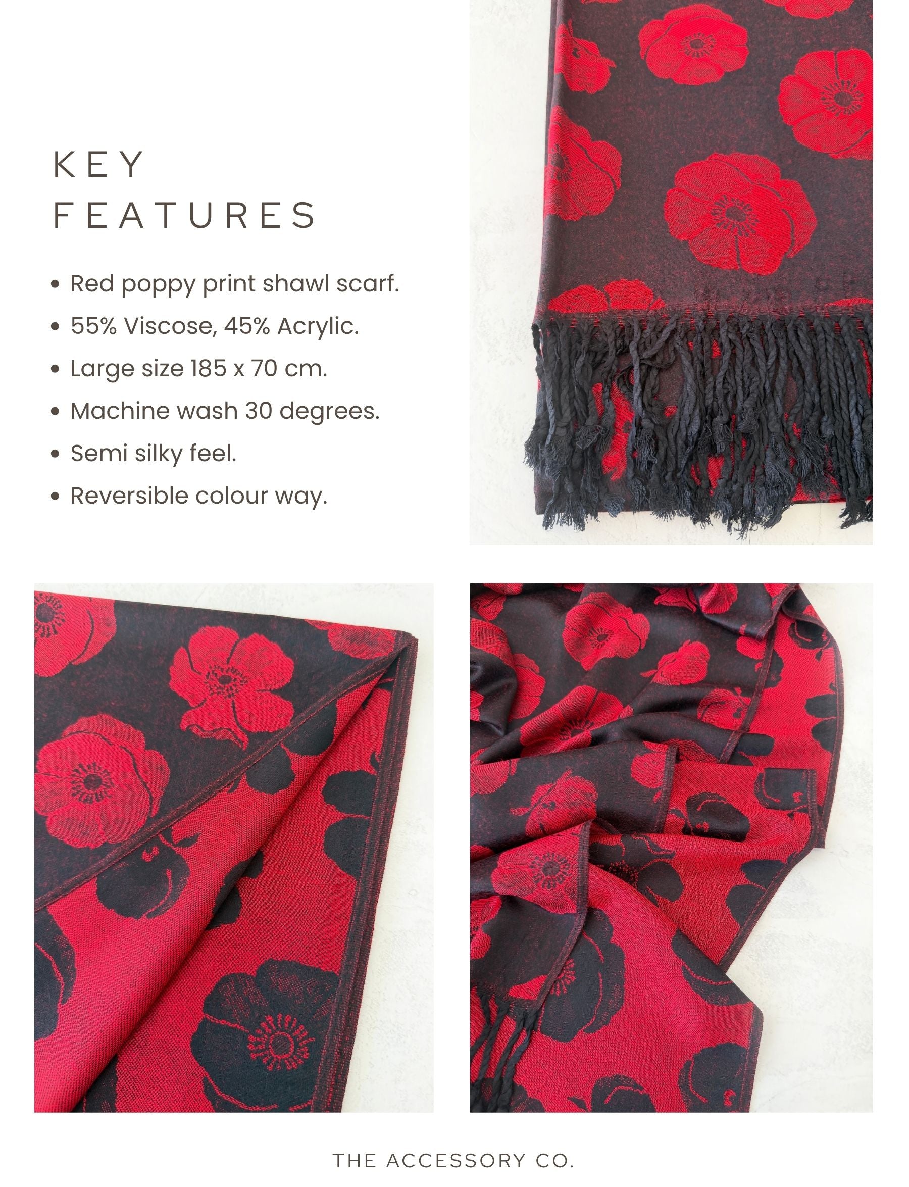 LARGE REVERSIBLE BLACK AND RED POPPY PASHMINA SHAWL SCARF - A-SHU.CO.UK