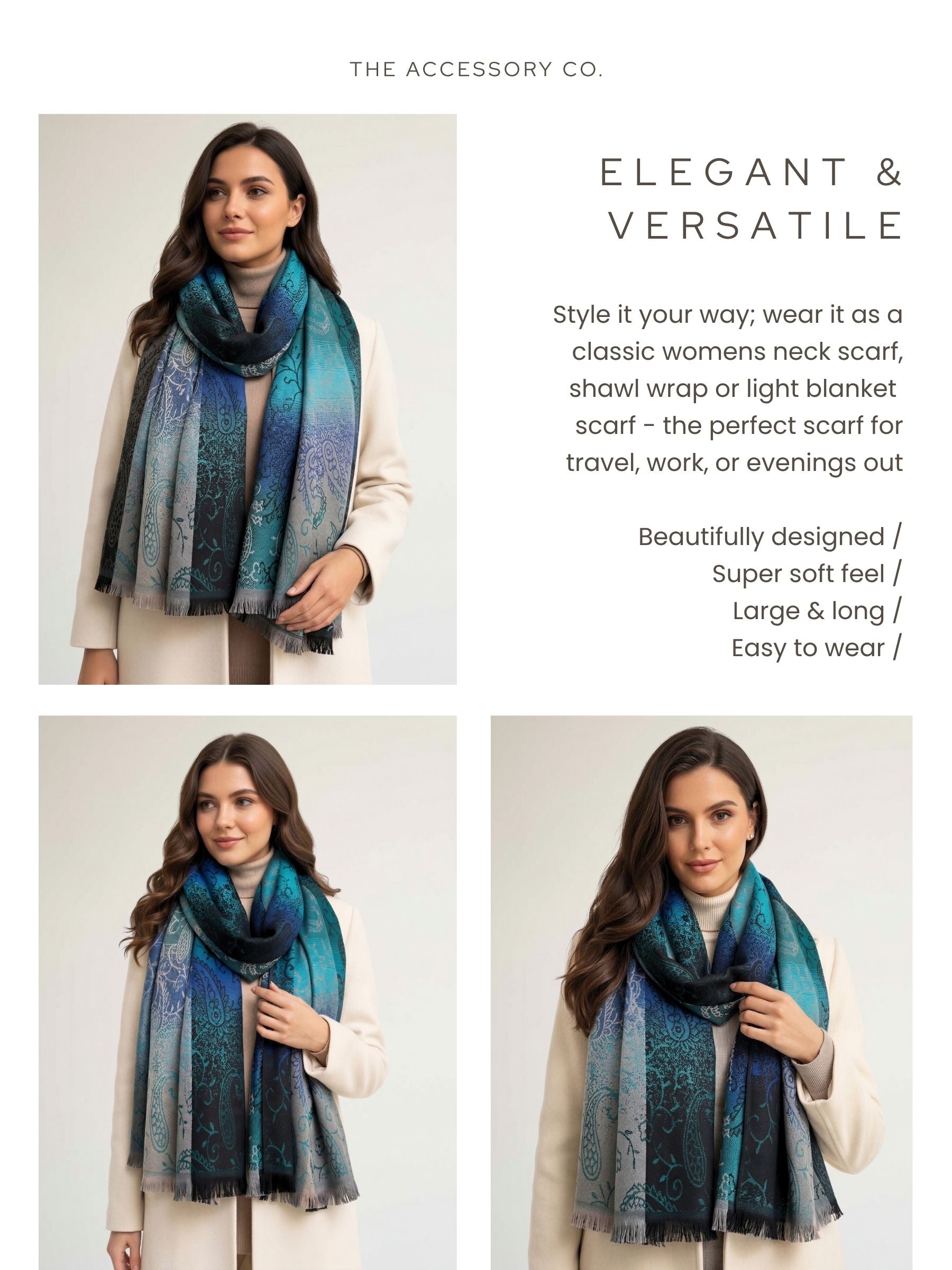 LARGE REVERSIBLE BLUE OMBRE PAISLEY PRINT PASHMINA SHAWL SCARF WRAP