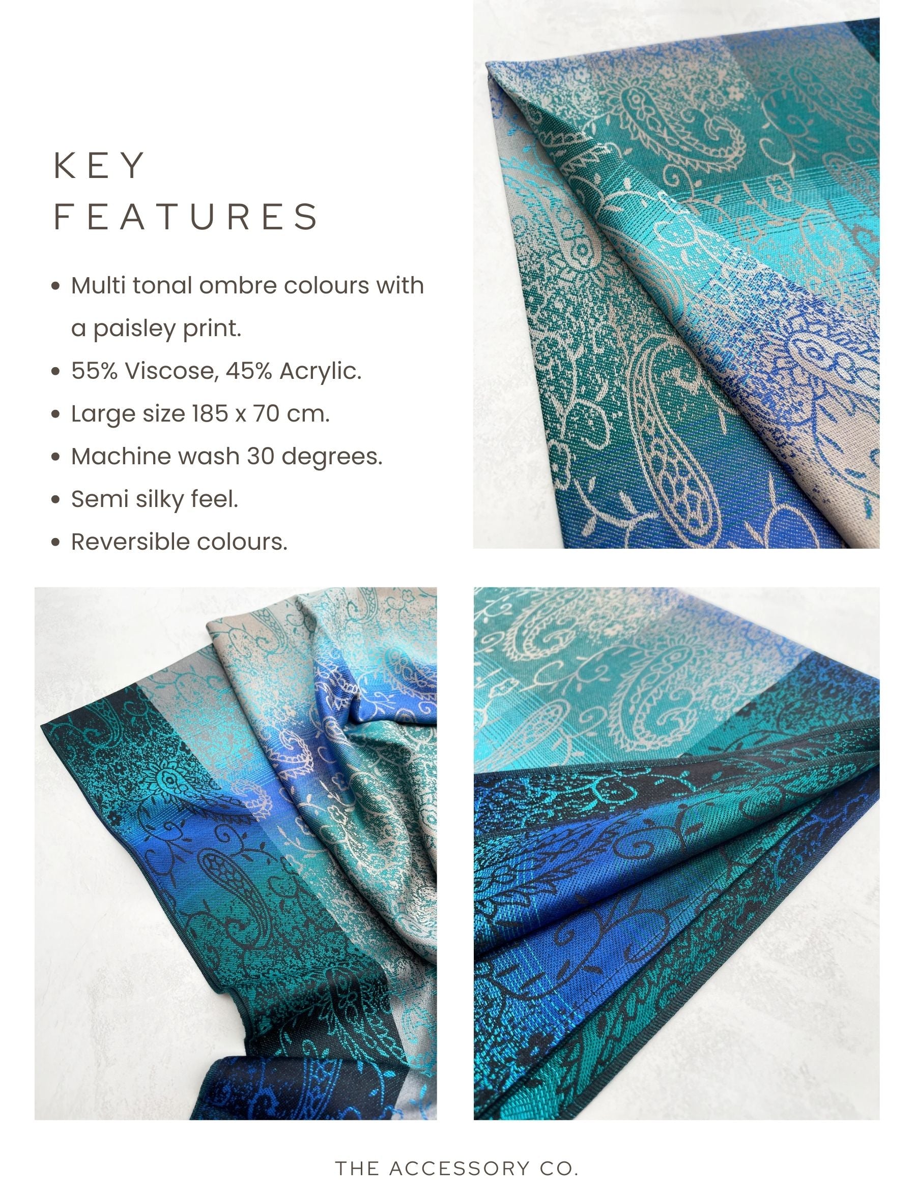 LARGE REVERSIBLE BLUE OMBRE PAISLEY PRINT PASHMINA SHAWL SCARF WRAP - A-SHU.CO.UK