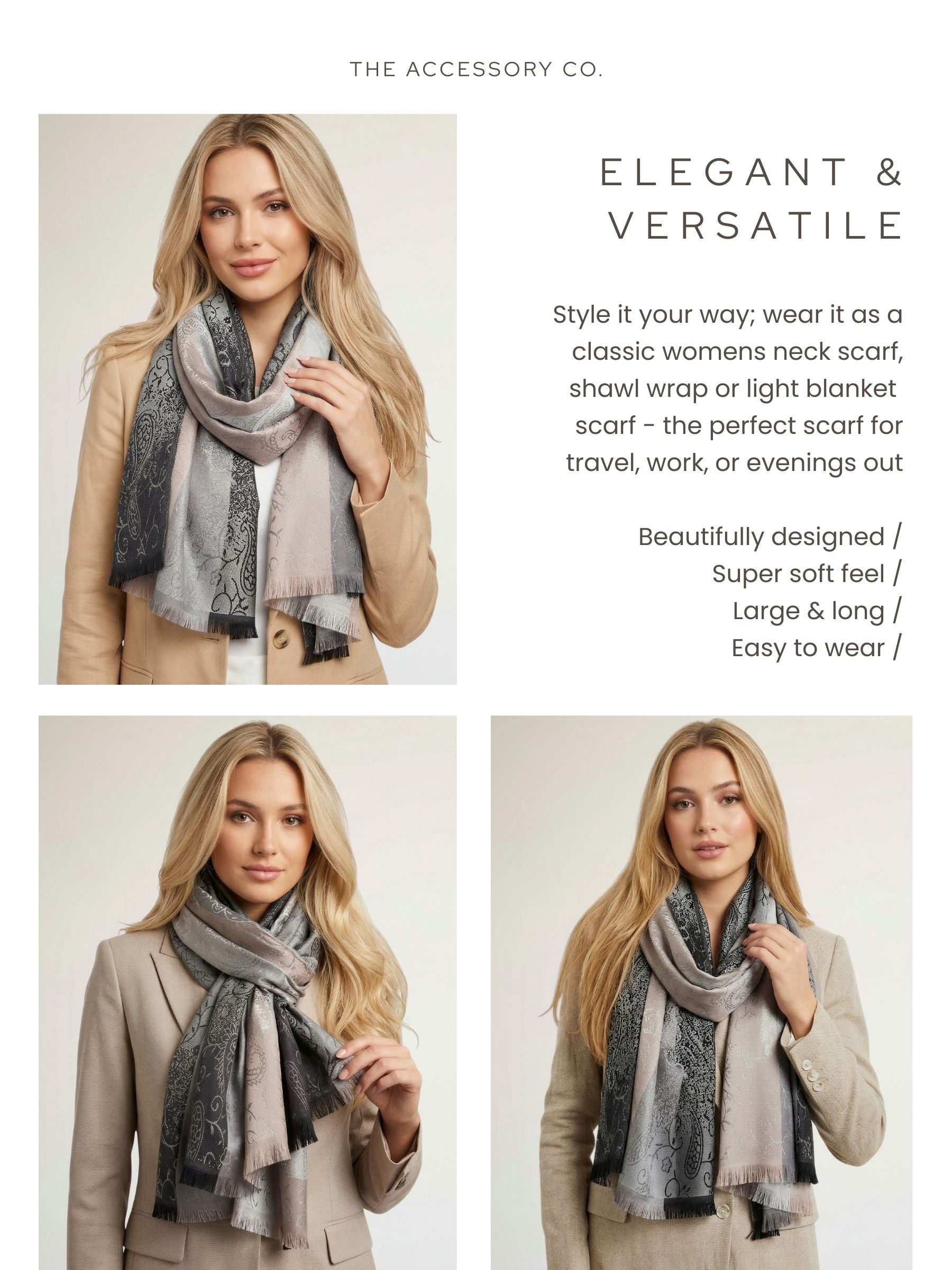 LARGE REVERSIBLE GREY OMBRE PAISLEY PRINT PASHMINA SHAWL SCARF WRAP - A-SHU.CO.UK