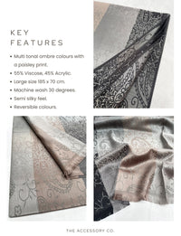 LARGE REVERSIBLE GREY OMBRE PAISLEY PRINT PASHMINA SHAWL SCARF WRAP - A-SHU.CO.UK