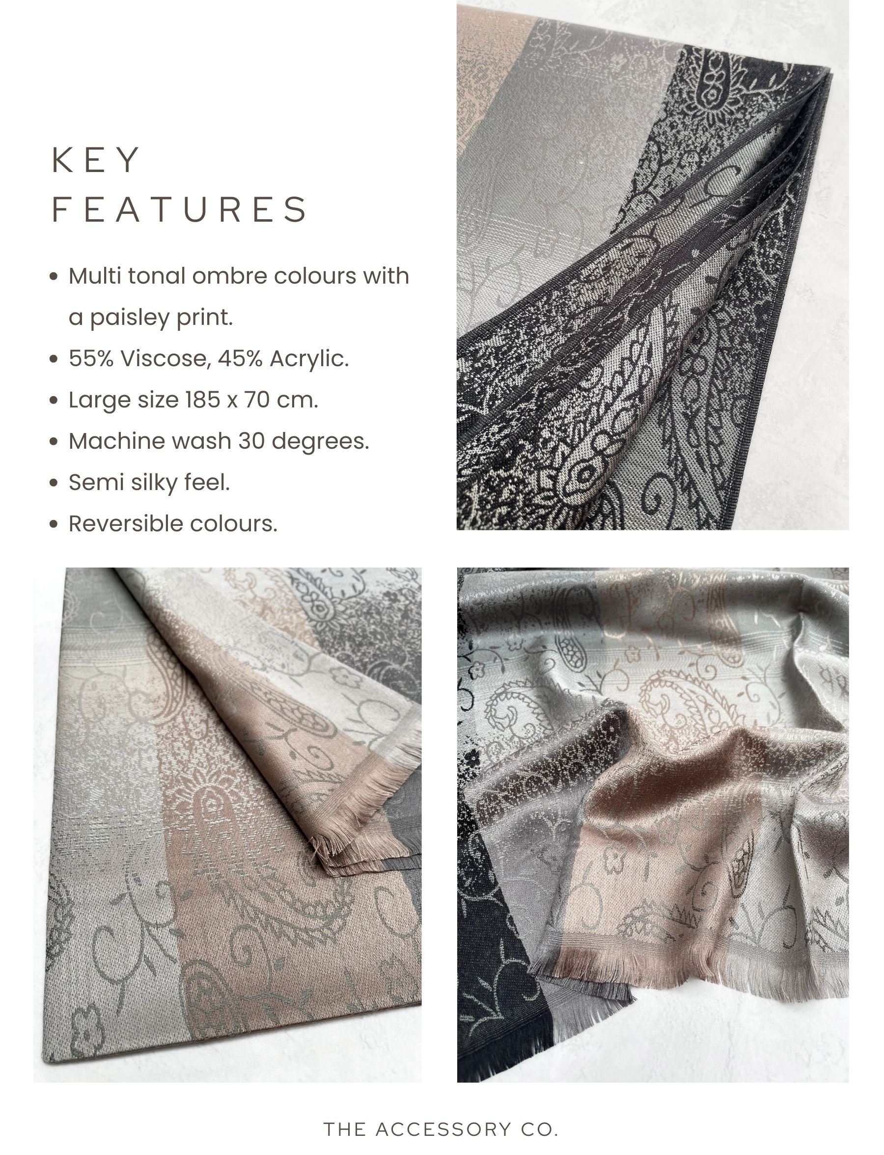 LARGE REVERSIBLE GREY OMBRE PAISLEY PRINT PASHMINA SHAWL SCARF WRAP - A-SHU.CO.UK