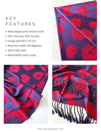 LARGE REVERSIBLE NAVY AND RED POPPY PASHMINA SHAWL SCARF - A-SHU.CO.UK