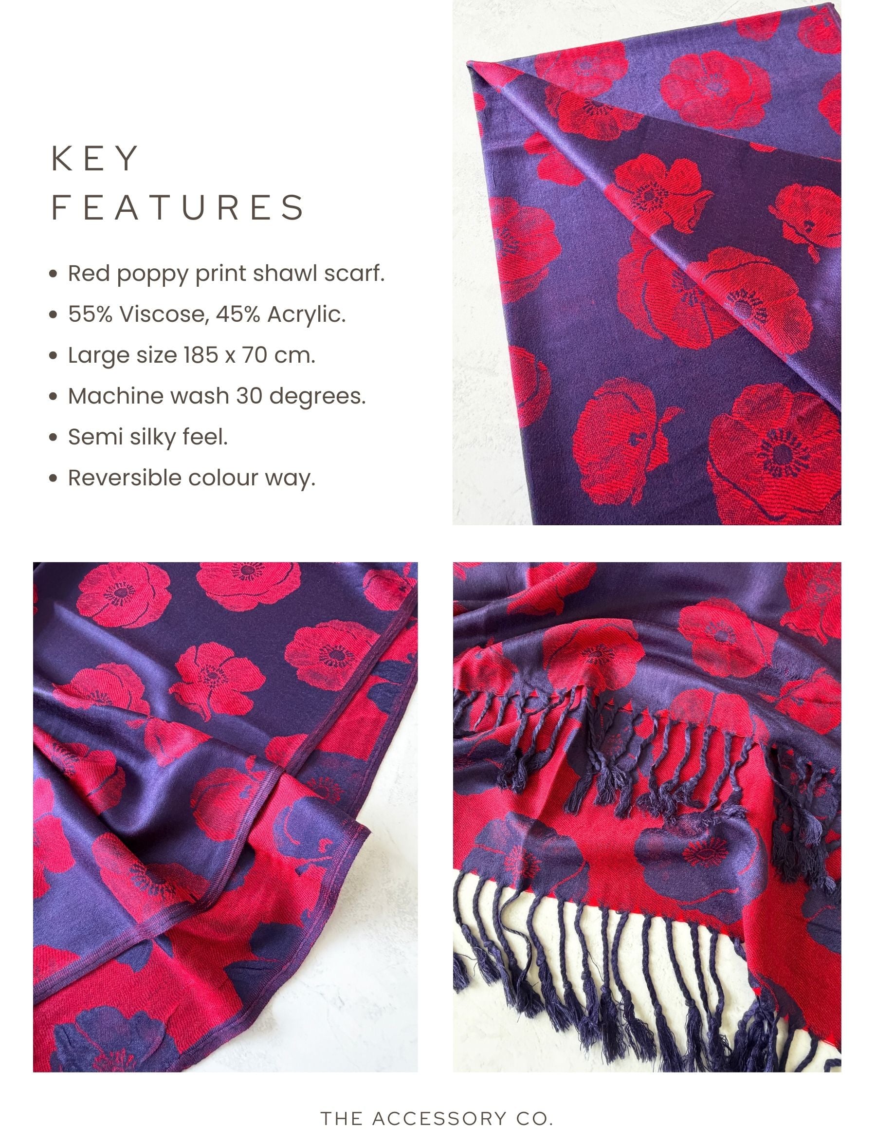LARGE REVERSIBLE NAVY AND RED POPPY PASHMINA SHAWL SCARF - A-SHU.CO.UK