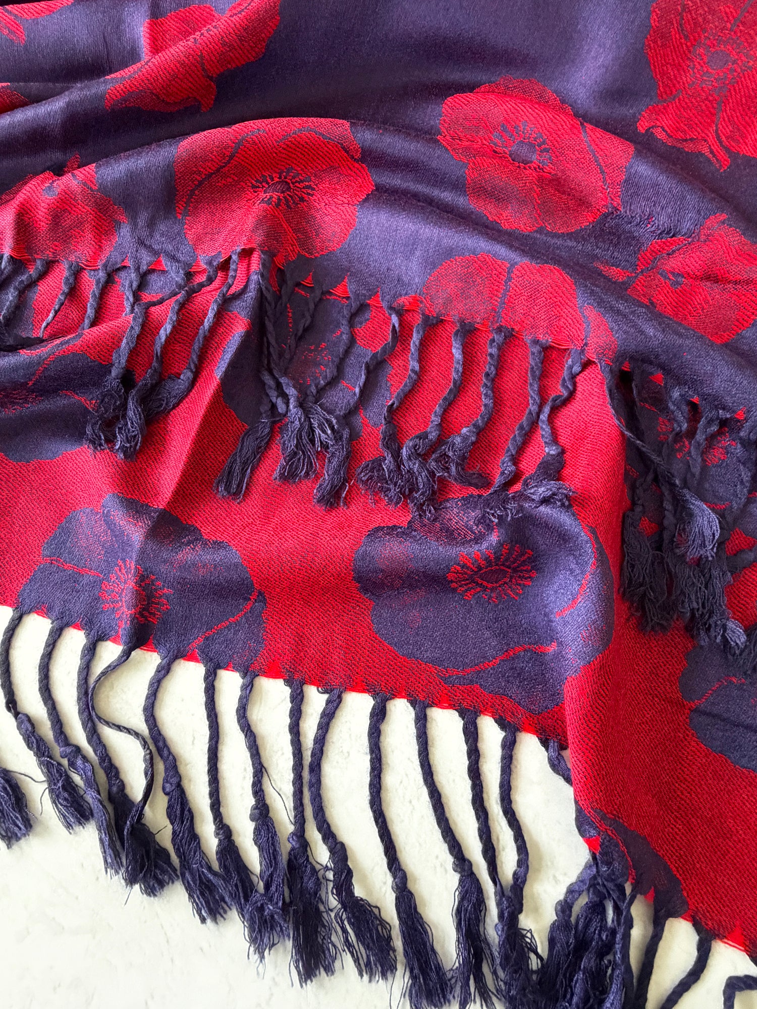 LARGE REVERSIBLE NAVY AND RED POPPY PASHMINA SHAWL SCARF - A-SHU.CO.UK