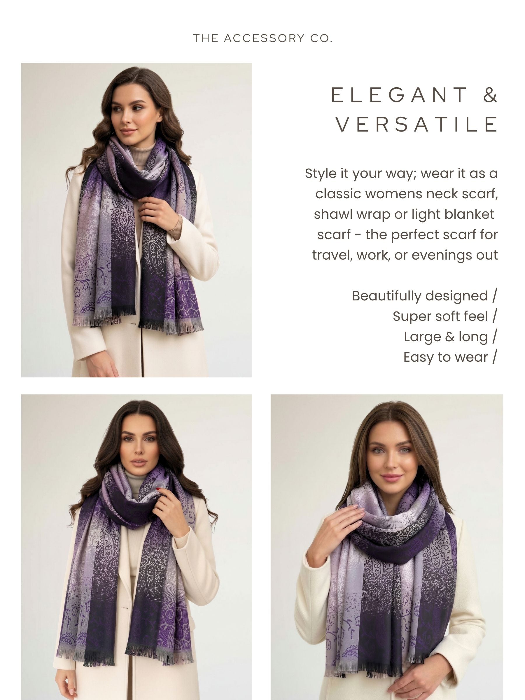 LARGE REVERSIBLE PURPLE OMBRE PAISLEY PRINT PASHMINA SHAWL SCARF WRAP