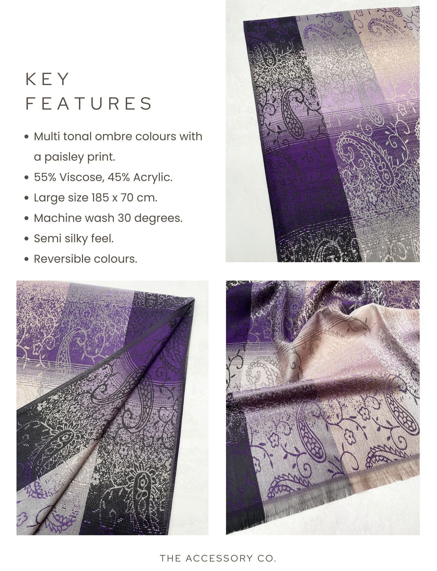 LARGE REVERSIBLE PURPLE OMBRE PAISLEY PRINT PASHMINA SHAWL SCARF WRAP - A-SHU.CO.UK