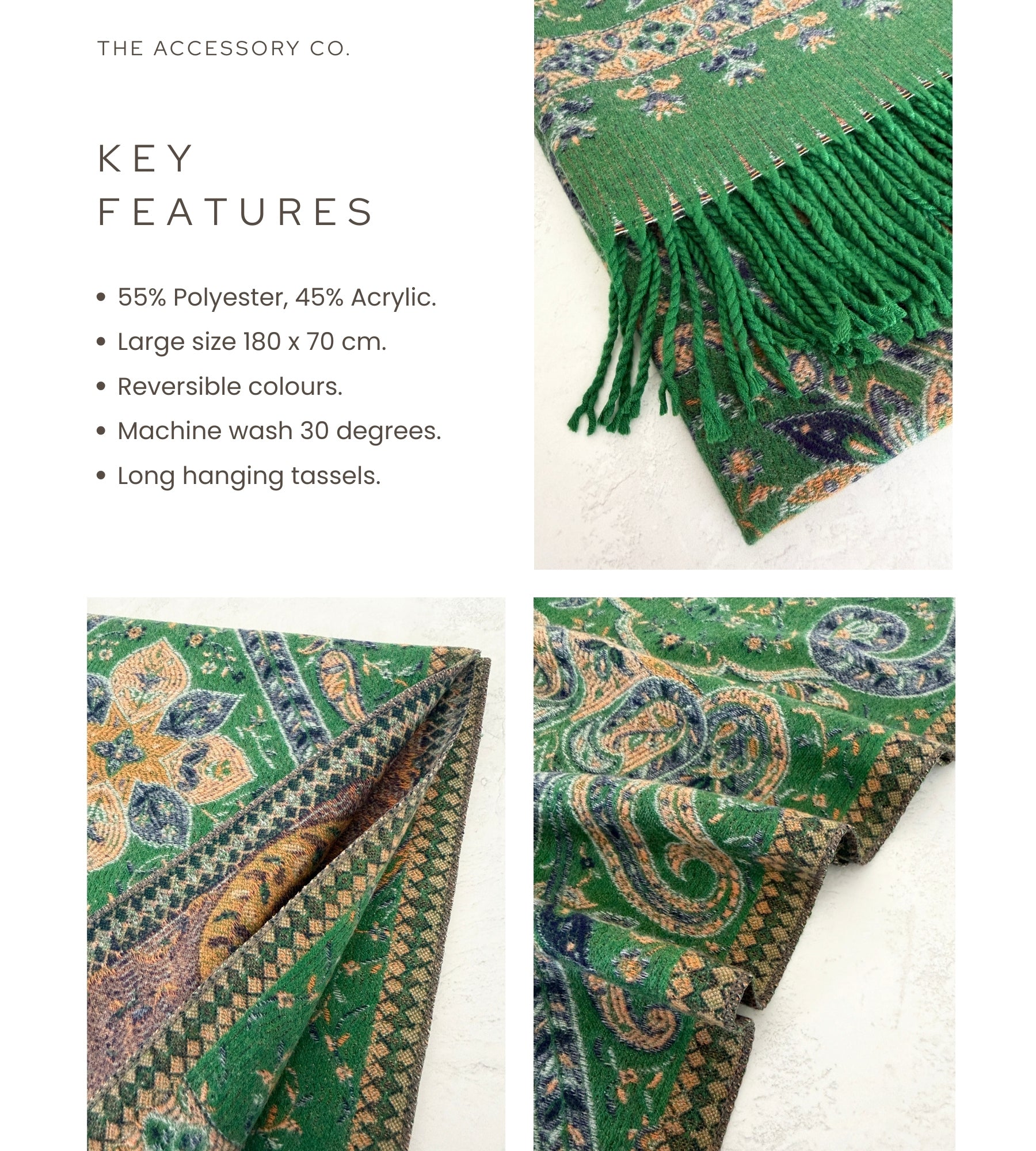 LARGE REVERSIBLE TRADITIONAL FLORAL PAISLEY WINTER SHAWL BLANKET SCARF - GREEN