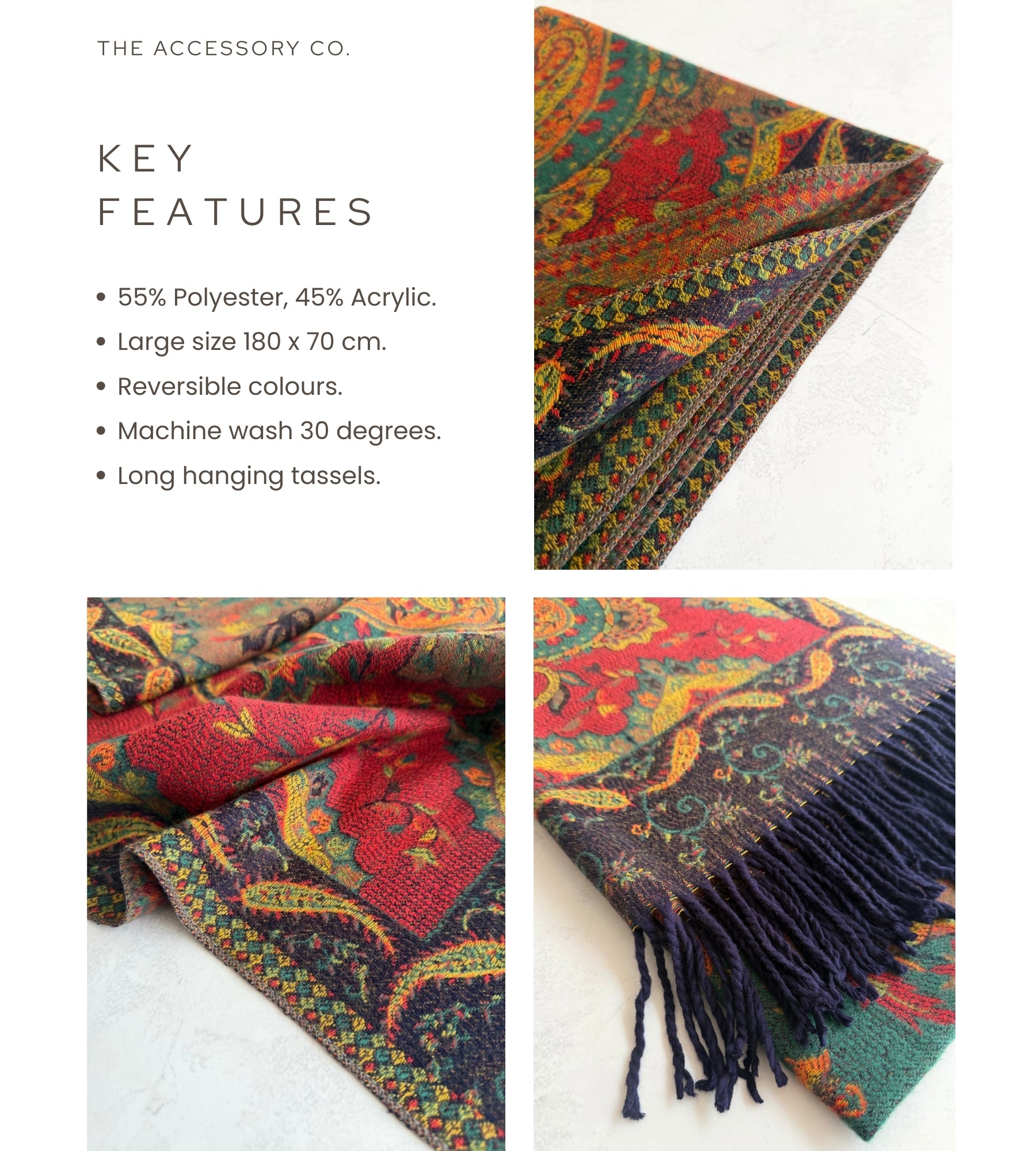 LARGE REVERSIBLE TRADITIONAL PAISLEY WINTER SHAWL BLANKET SCARF - GREEN