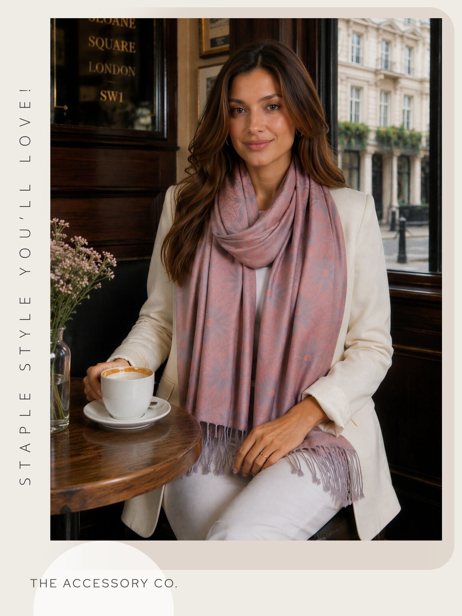 LARGE ROSE GOLD FLORAL DAISY PRINT GEOMETRIC REVERSIBLE PASHMINA SHAWL SCARF