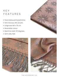 LARGE ROSE GOLD FLORAL DAISY PRINT GEOMETRIC REVERSIBLE PASHMINA SHAWL SCARF