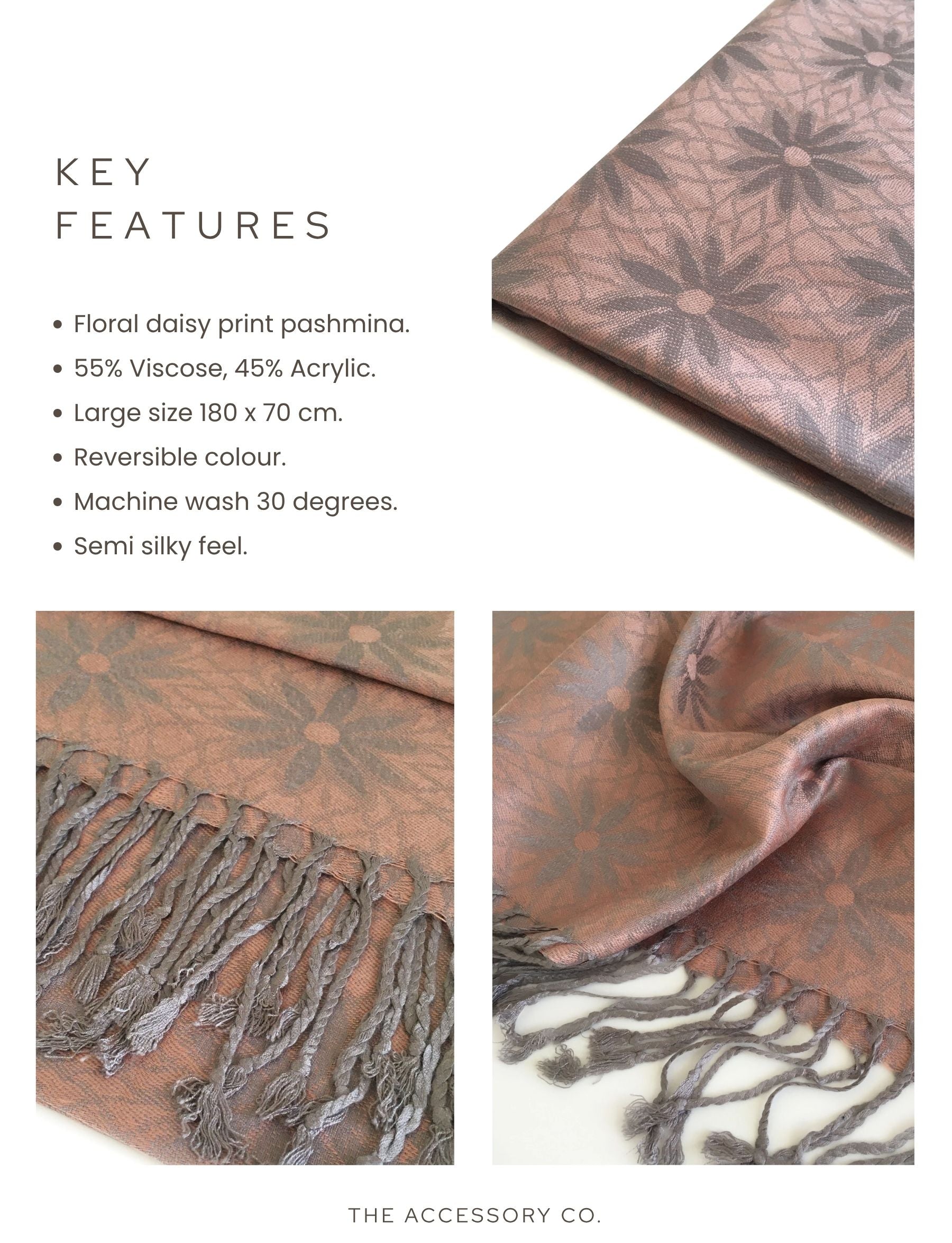 LARGE ROSE GOLD FLORAL DAISY PRINT GEOMETRIC REVERSIBLE PASHMINA SHAWL SCARF