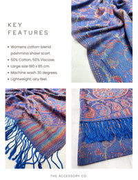 LARGE ROYAL BLUE MULTI COLOUR PAISLEY PASHMINA SHAWL SCARF WRAP - A-SHU.CO.UK