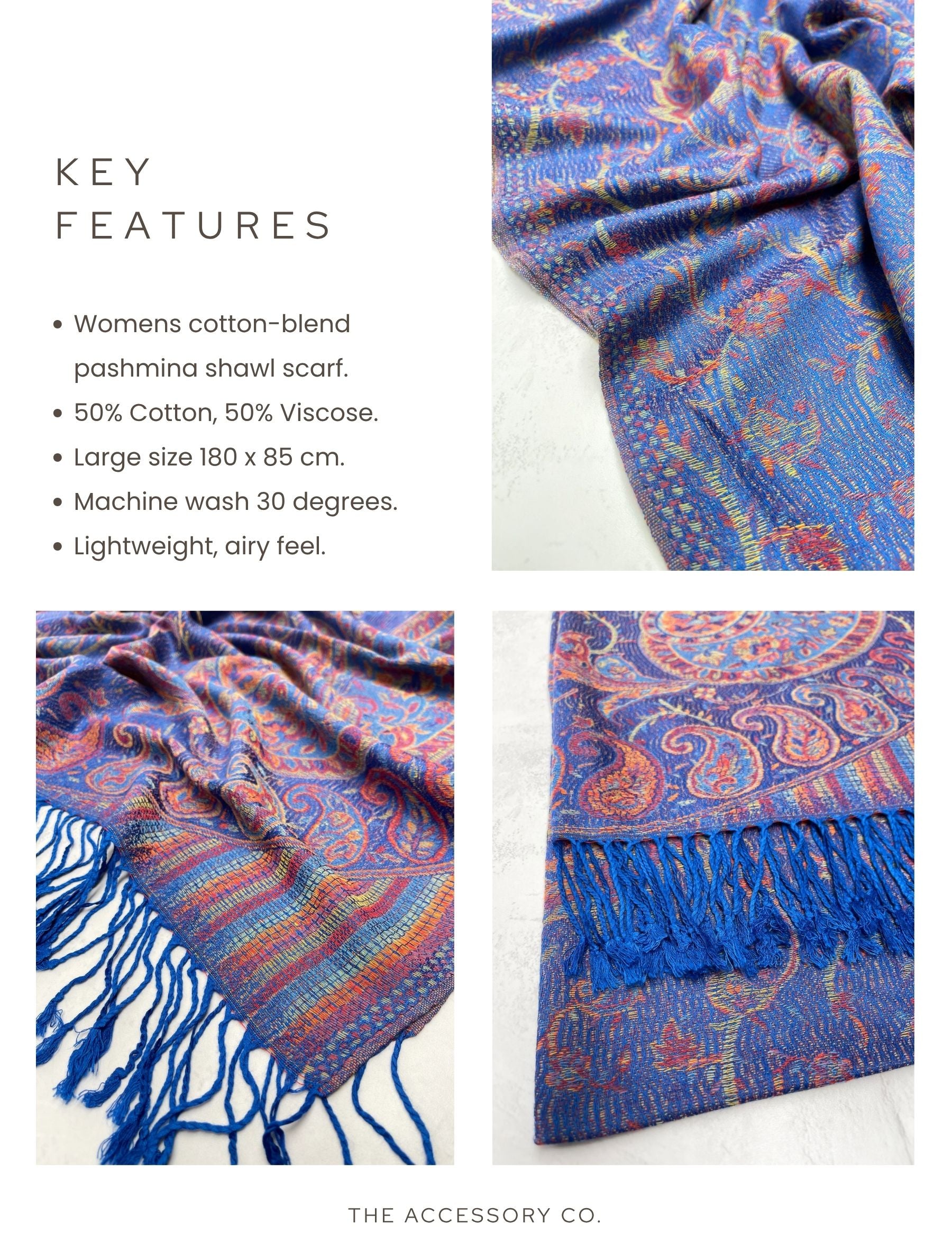 LARGE ROYAL BLUE MULTI COLOUR PAISLEY PASHMINA SHAWL SCARF WRAP - A-SHU.CO.UK