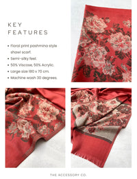 LARGE RUSTIC ORANGE FLORAL PRINT SILKY FEEL PASHMINA SHAWL SCARF - A-SHU.CO.UK