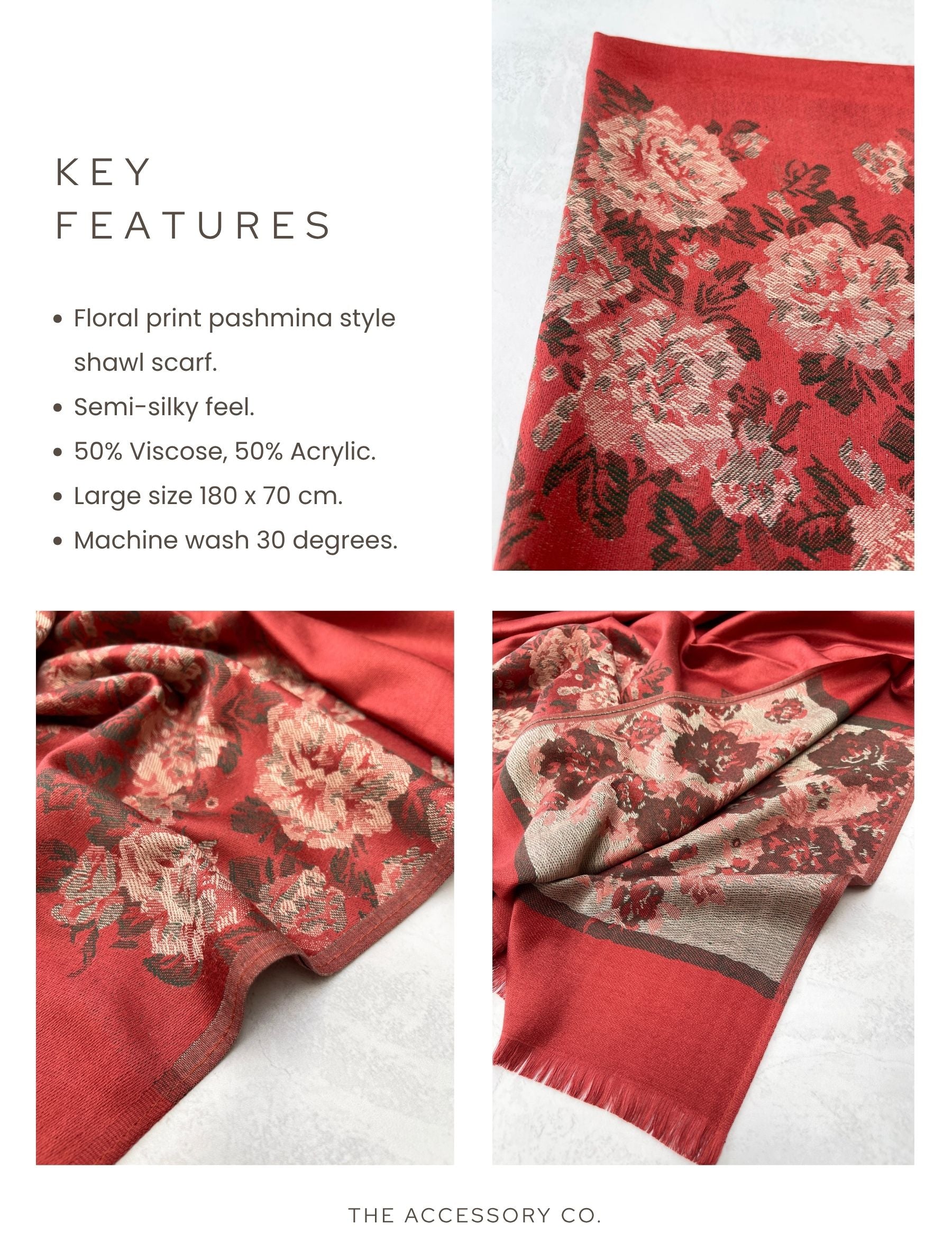 LARGE RUSTIC ORANGE FLORAL PRINT SILKY FEEL PASHMINA SHAWL SCARF - A-SHU.CO.UK