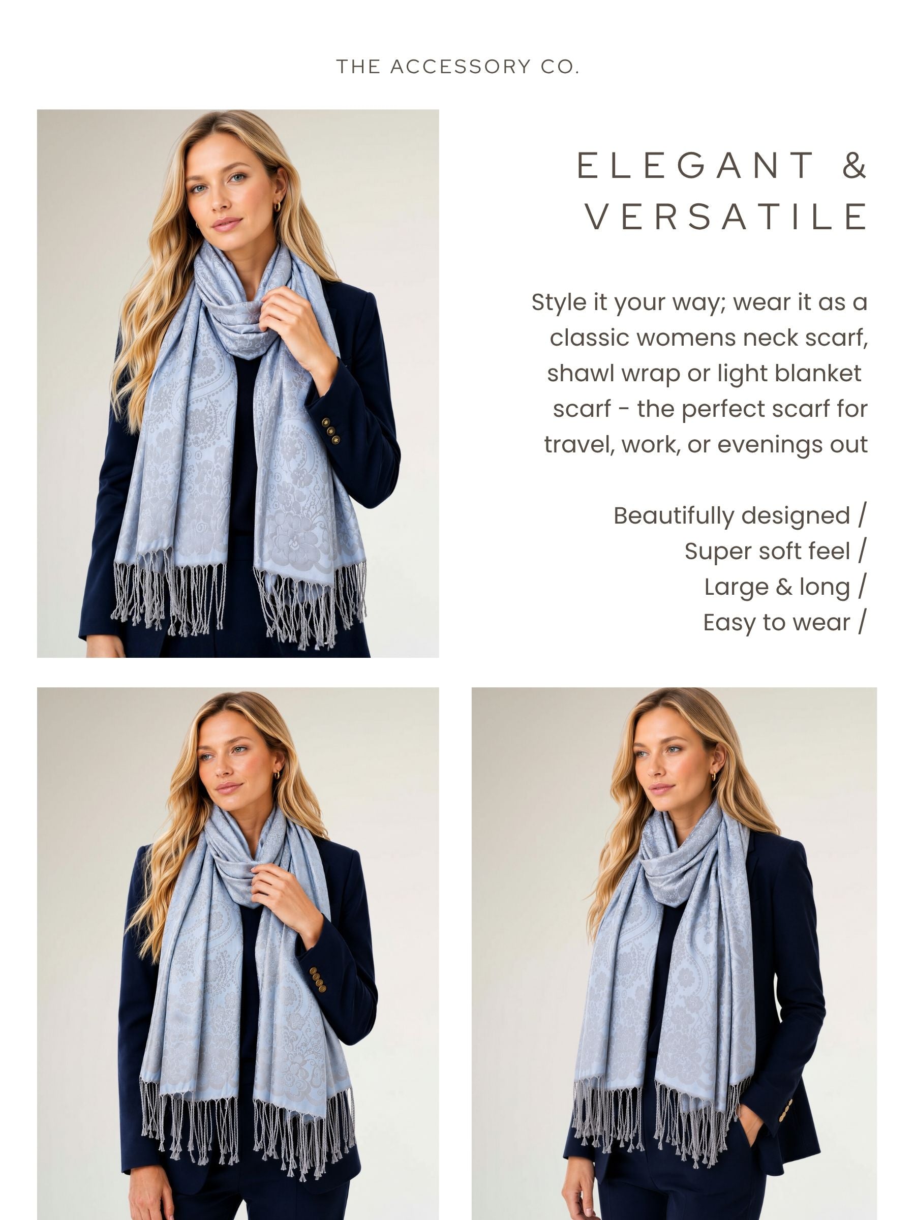 LARGE SILVERY BLUE SWIRL FLORAL PRINT REVERSIBLE PASHMINA SHAWL SCARF - A-SHU.CO.UK