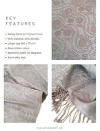LARGE SILVERY BLUE SWIRL FLORAL PRINT REVERSIBLE PASHMINA SHAWL SCARF - A-SHU.CO.UK