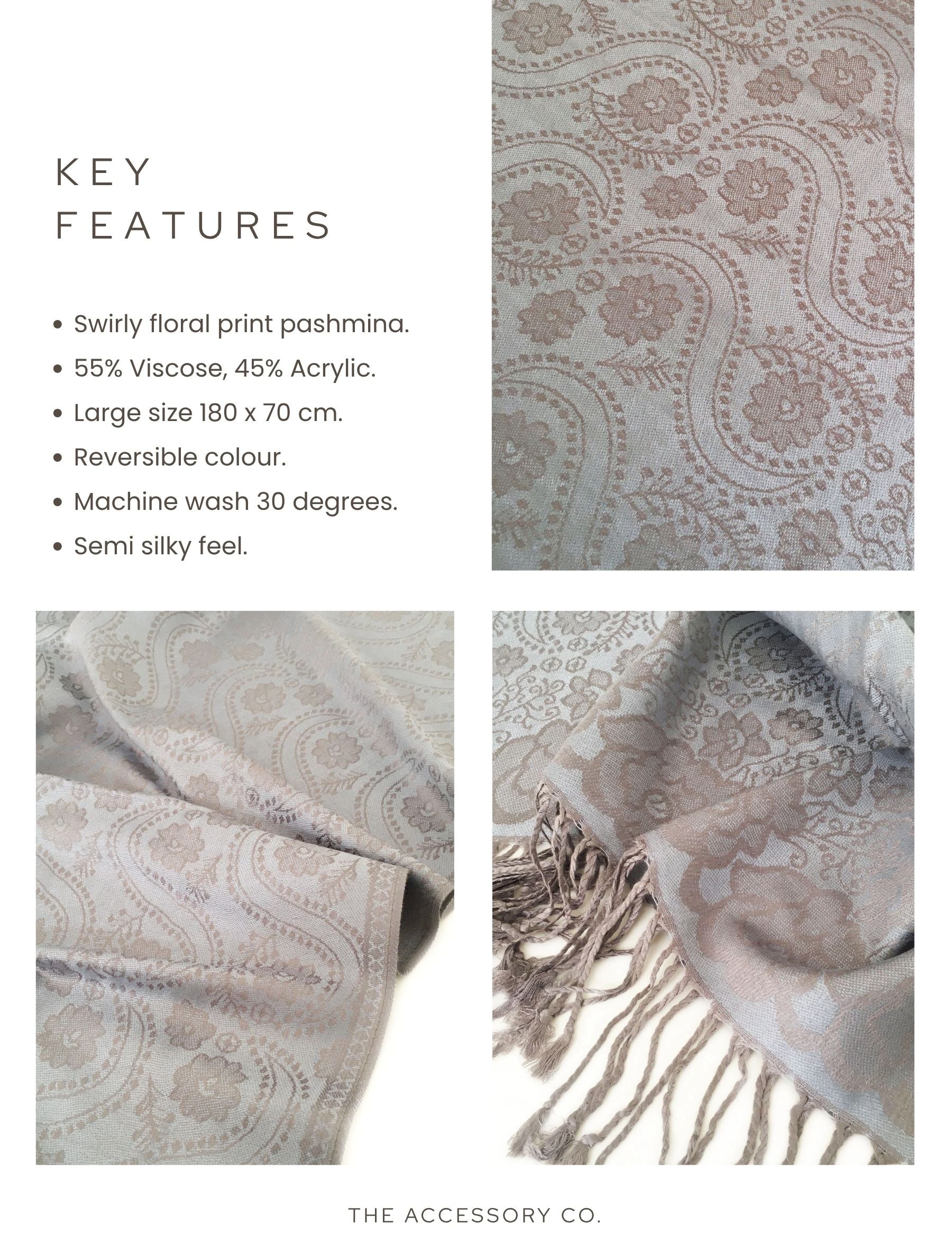 LARGE SILVERY BLUE SWIRL FLORAL PRINT REVERSIBLE PASHMINA SHAWL SCARF - A-SHU.CO.UK