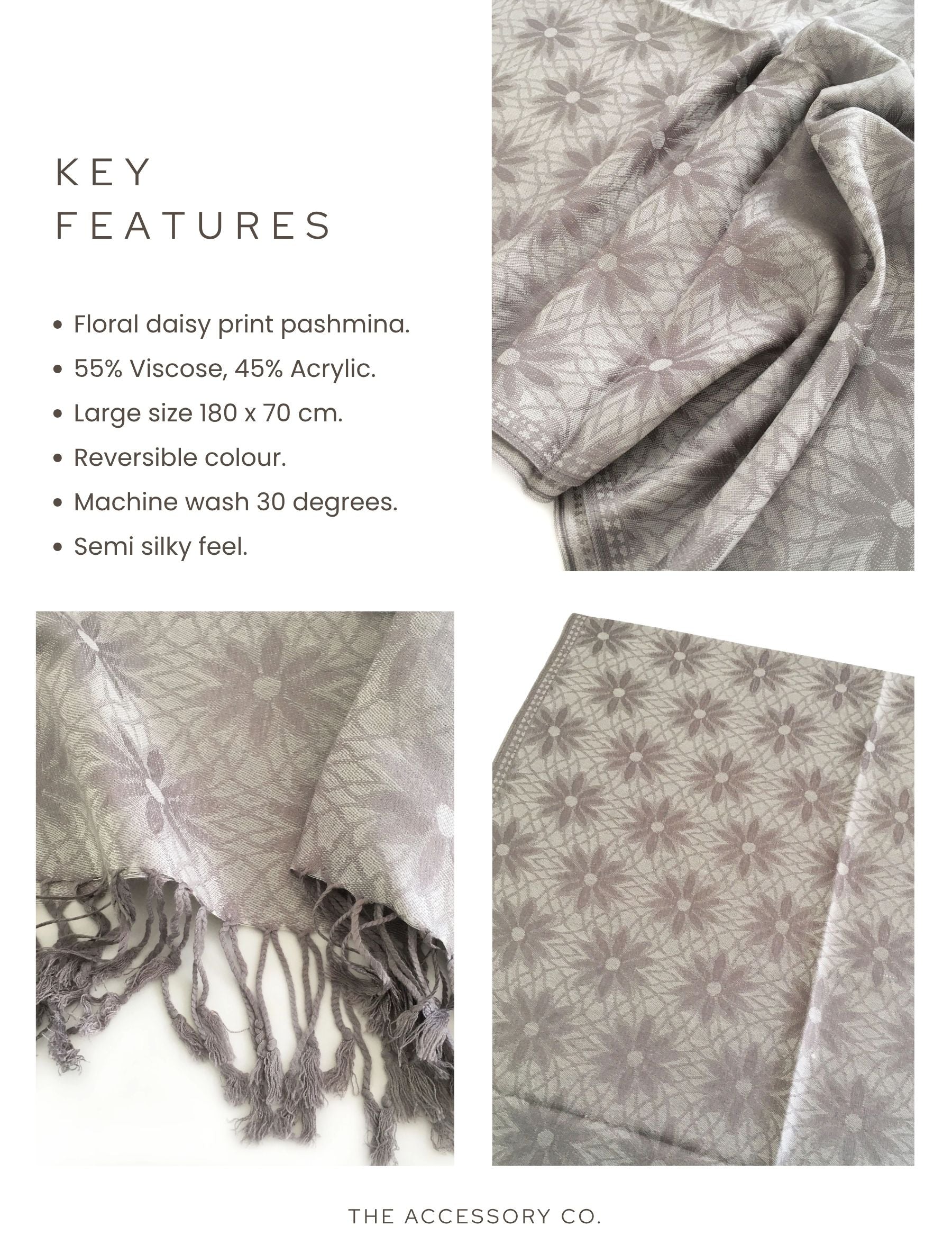 LARGE SILVER FLORAL DAISY PRINT GEOMETRIC REVERSIBLE PASHMINA SHAWL SCARF