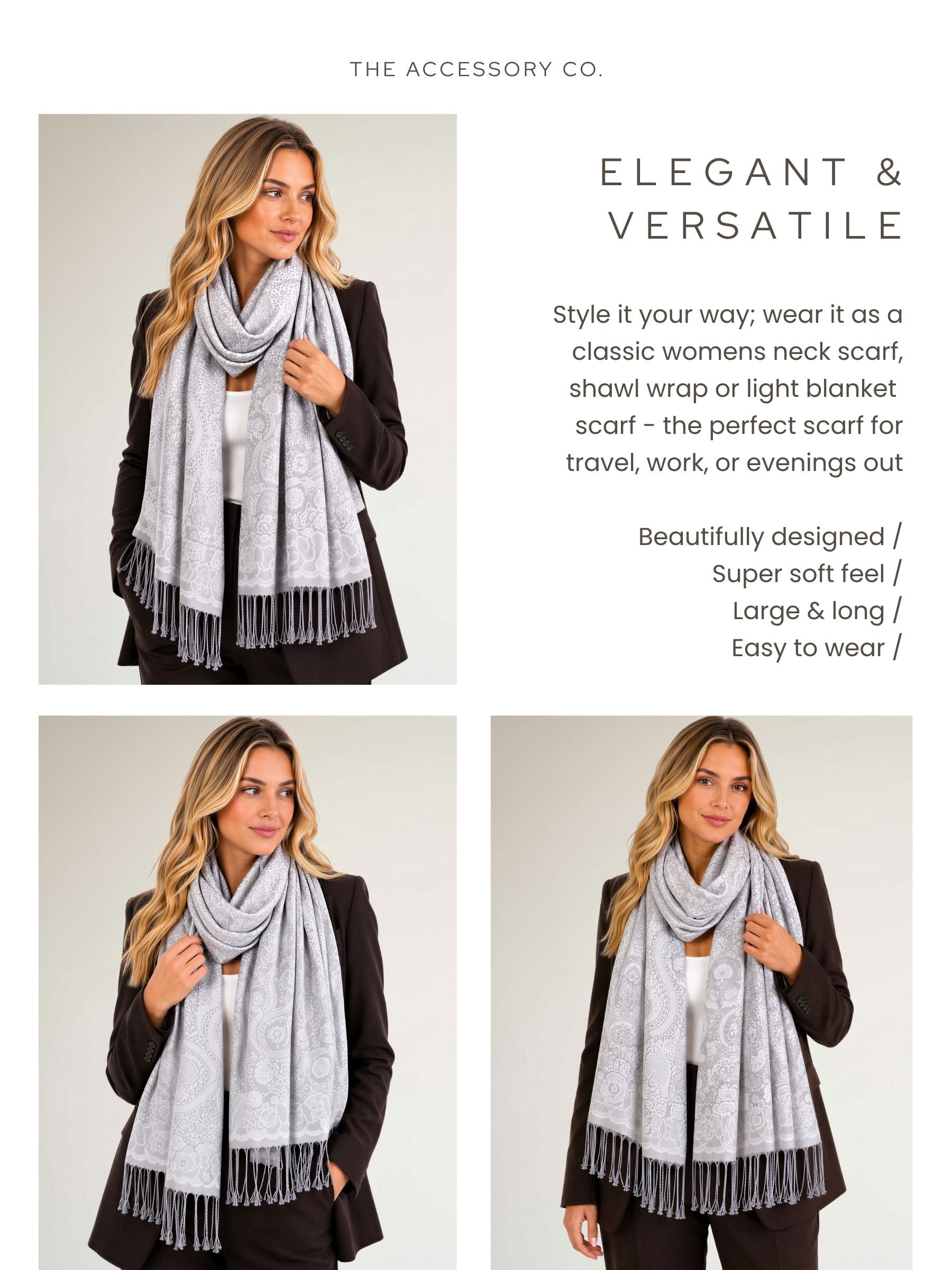 LARGE SILVER SWIRL FLORAL PRINT REVERSIBLE PASHMINA SHAWL SCARF - A-SHU.CO.UK