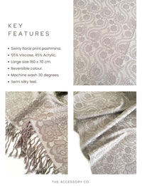 LARGE SILVER SWIRL FLORAL PRINT REVERSIBLE PASHMINA SHAWL SCARF - A-SHU.CO.UK