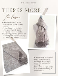 LARGE SILVER SWIRL FLORAL PRINT REVERSIBLE PASHMINA SHAWL SCARF - A-SHU.CO.UK