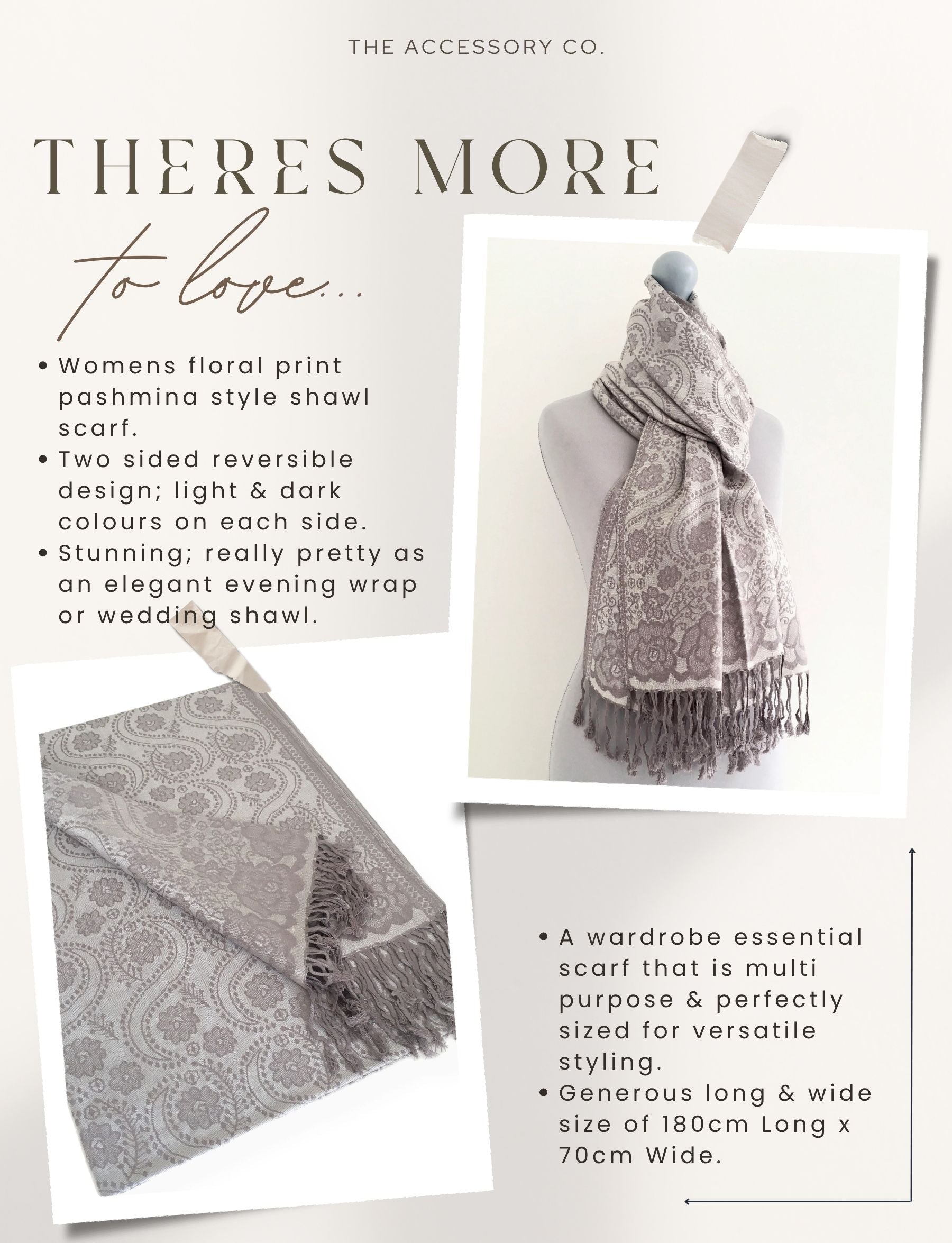 LARGE SILVER SWIRL FLORAL PRINT REVERSIBLE PASHMINA SHAWL SCARF - A-SHU.CO.UK