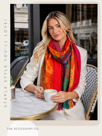 LARGE SUNSET RAINBOW FEATHER AND LEAF PRINT PASHMINA SHAWL SCARF