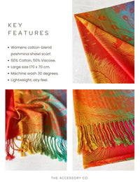 LARGE SUNSET RAINBOW FEATHER AND LEAF PRINT PASHMINA SHAWL SCARF