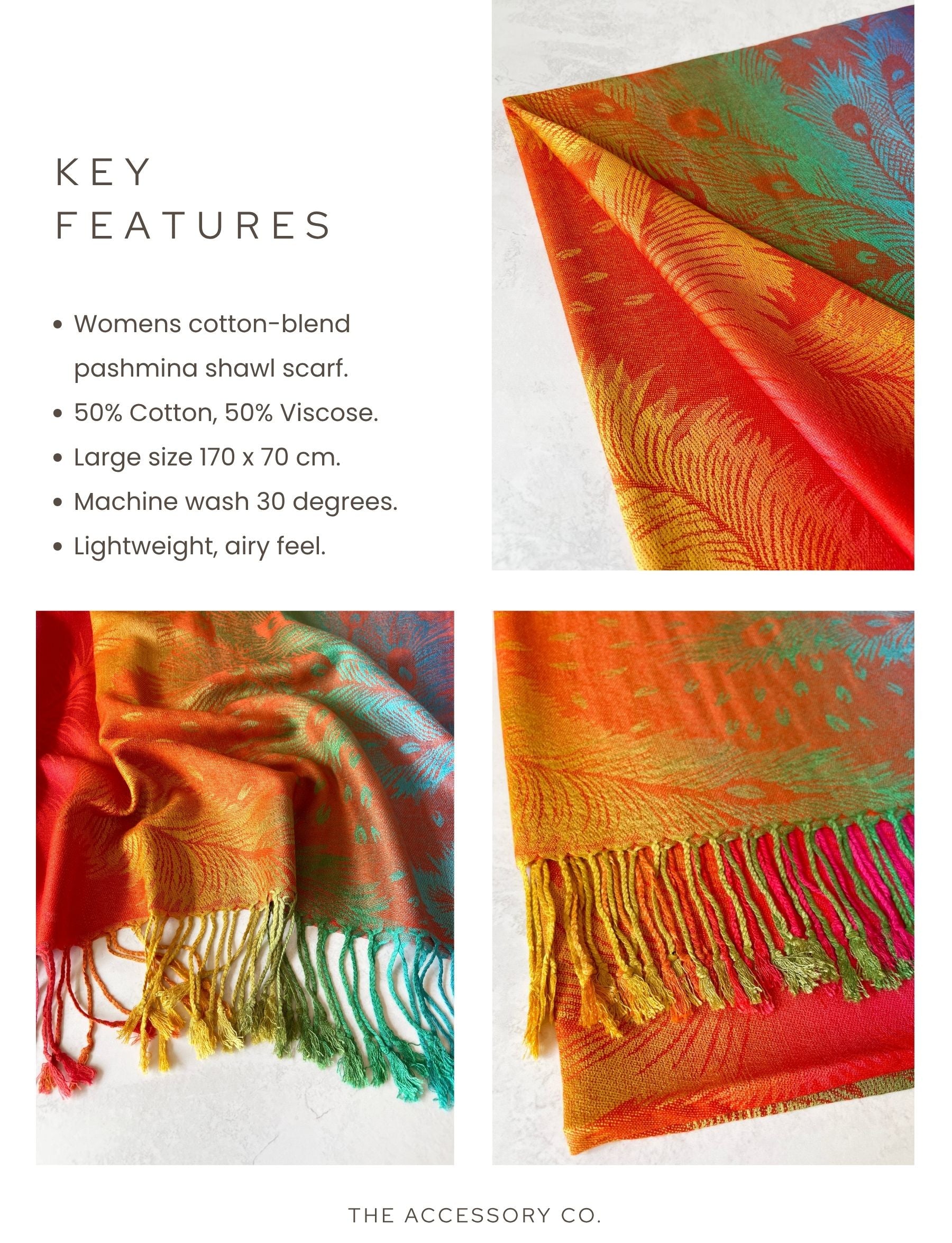 LARGE SUNSET RAINBOW FEATHER AND LEAF PRINT PASHMINA SHAWL SCARF