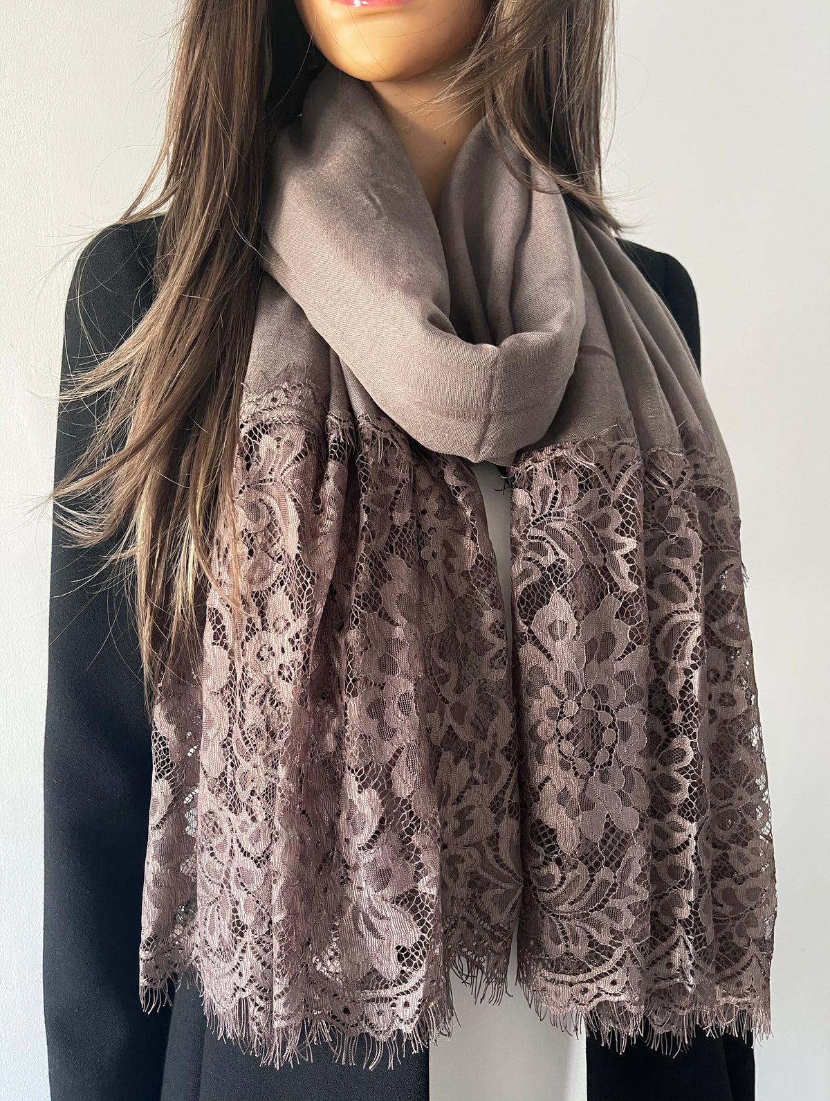 LARGE TAUPE BEIGE LACE DETAIL LIGHTWEIGHT SCARF - A-SHU.CO.UK