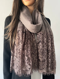 LARGE TAUPE BEIGE LACE DETAIL LIGHTWEIGHT SCARF - A-SHU.CO.UK