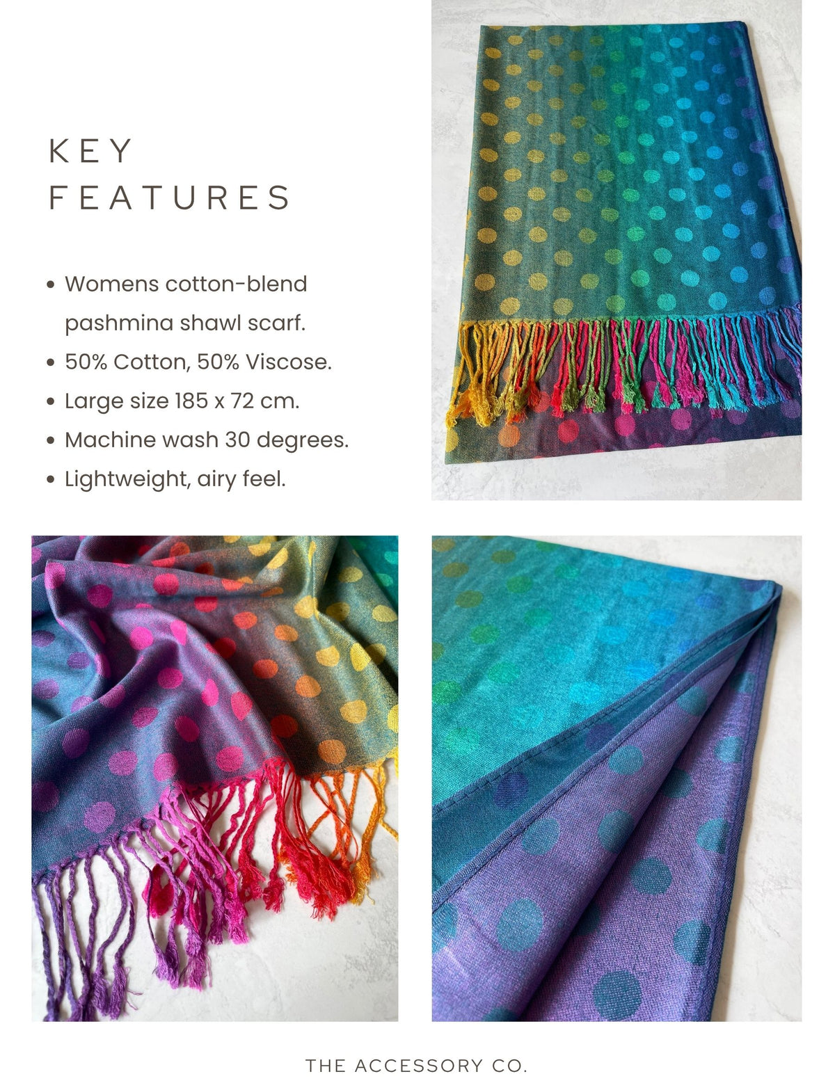 LARGE TEAL MULTI-COLOUR DOT PRINT PASHMINA SHAWL SCARF - A-SHU.CO.UK