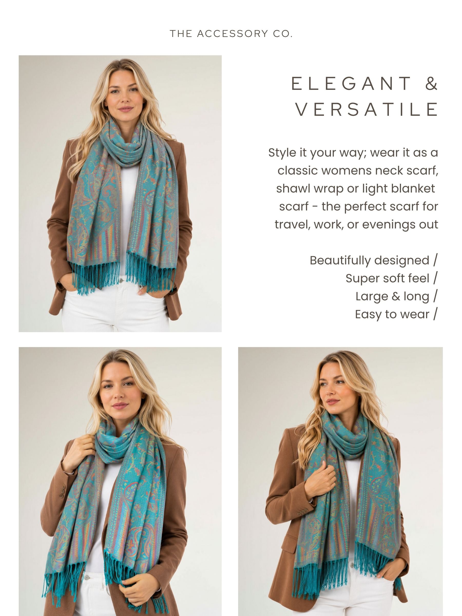 LARGE TEAL MULTI COLOUR PAISLEY PASHMINA SHAWL SCARF WRAP - A-SHU.CO.UK