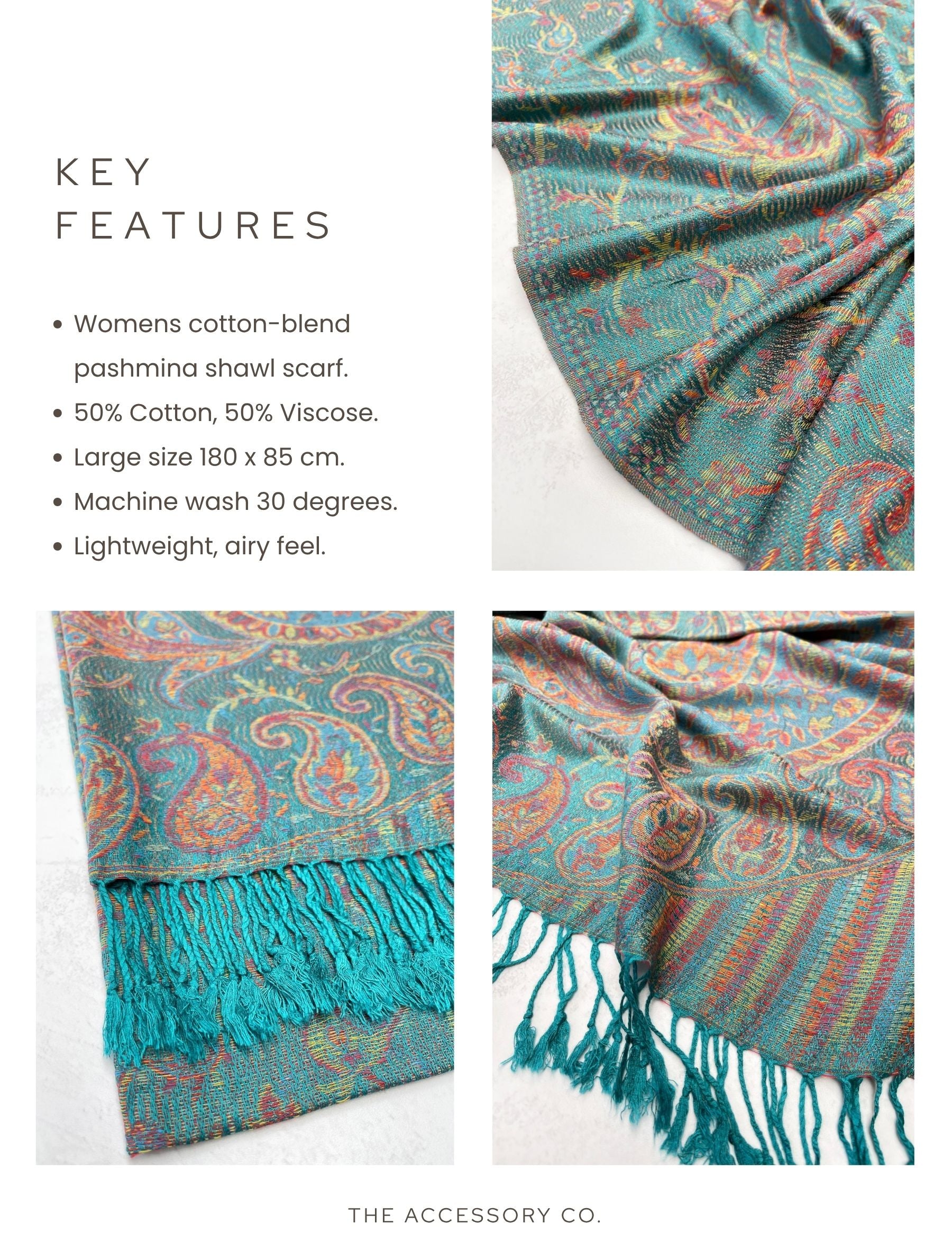 LARGE TEAL MULTI COLOUR PAISLEY PASHMINA SHAWL SCARF WRAP - A-SHU.CO.UK