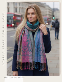 LARGE TEAL RAINBOW MULTI COLOUR PAISLEY PRINT PASHMINA SHAWL SCARF - A-SHU.CO.UK