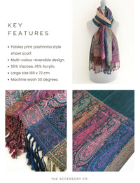 LARGE TEAL RAINBOW MULTI COLOUR PAISLEY PRINT PASHMINA SHAWL SCARF - A-SHU.CO.UK