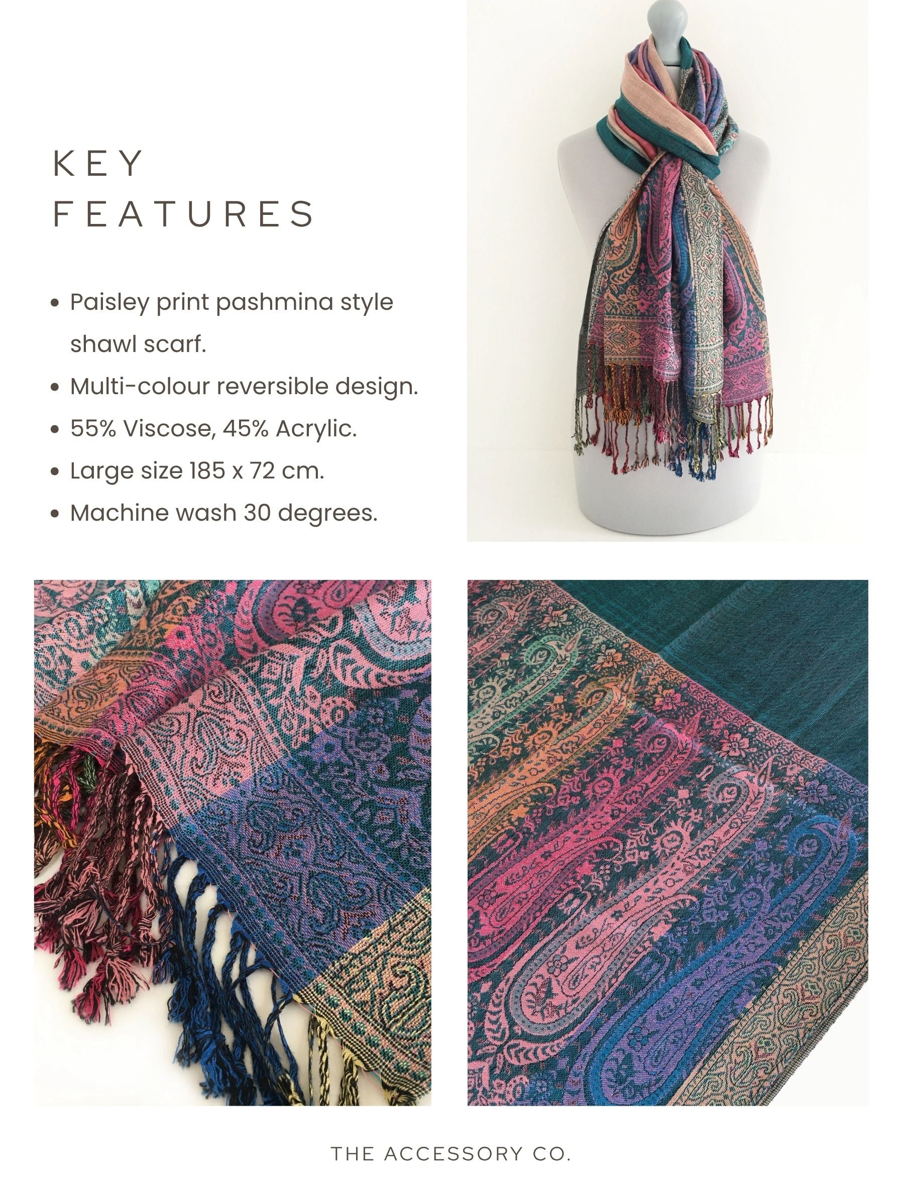 LARGE TEAL RAINBOW MULTI COLOUR PAISLEY PRINT PASHMINA SHAWL SCARF - A-SHU.CO.UK