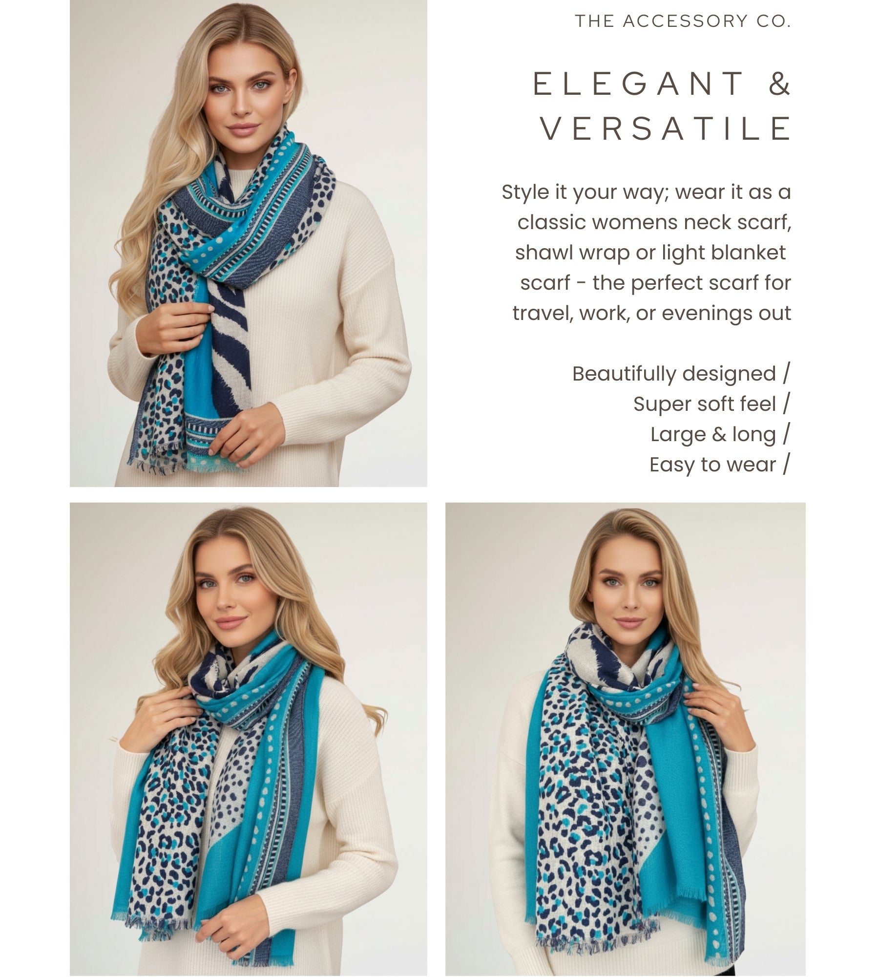 LARGE TURQUOISE BLUE TIGER AND LEOPARD PRINT SHAWL SCARF