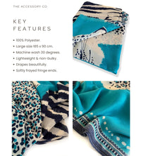 LARGE TURQUOISE BLUE TIGER AND LEOPARD PRINT SHAWL SCARF