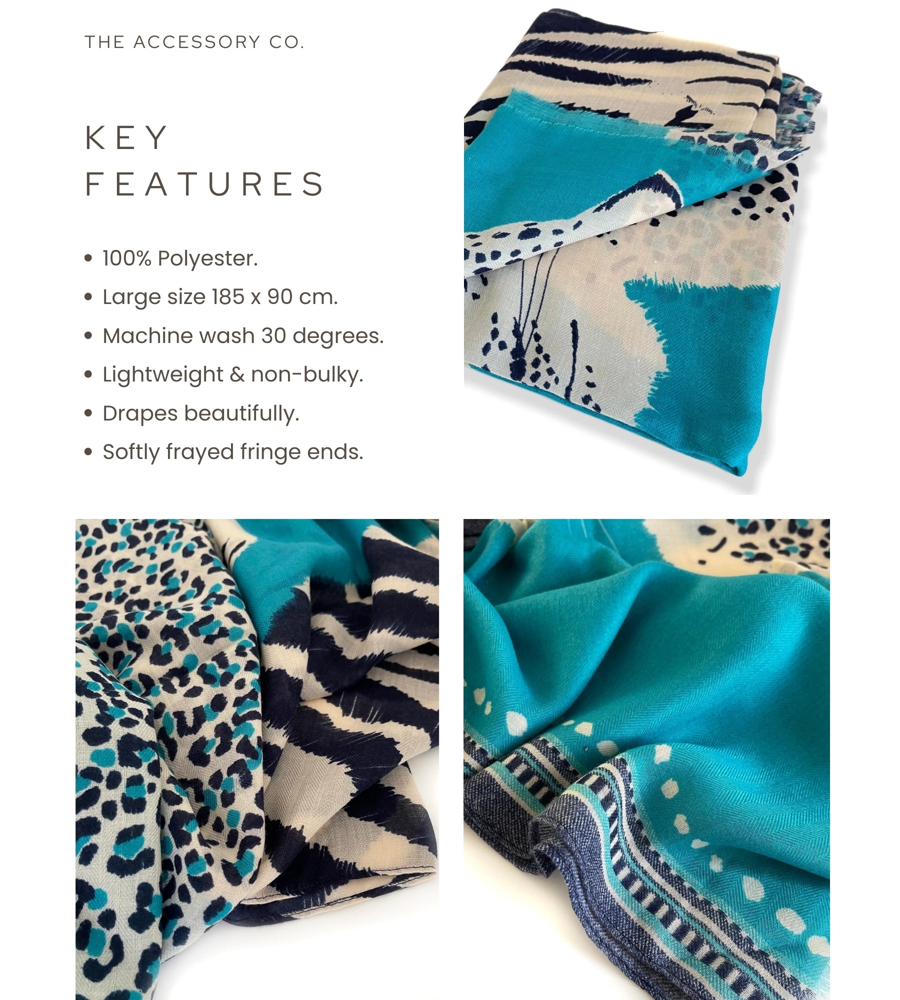 LARGE TURQUOISE BLUE TIGER AND LEOPARD PRINT SHAWL SCARF