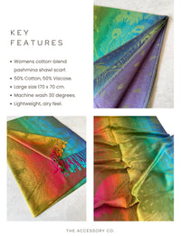 LARGE YELLOW RAINBOW FEATHER AND LEAF PRINT PASHMINA SHAWL SCARF
