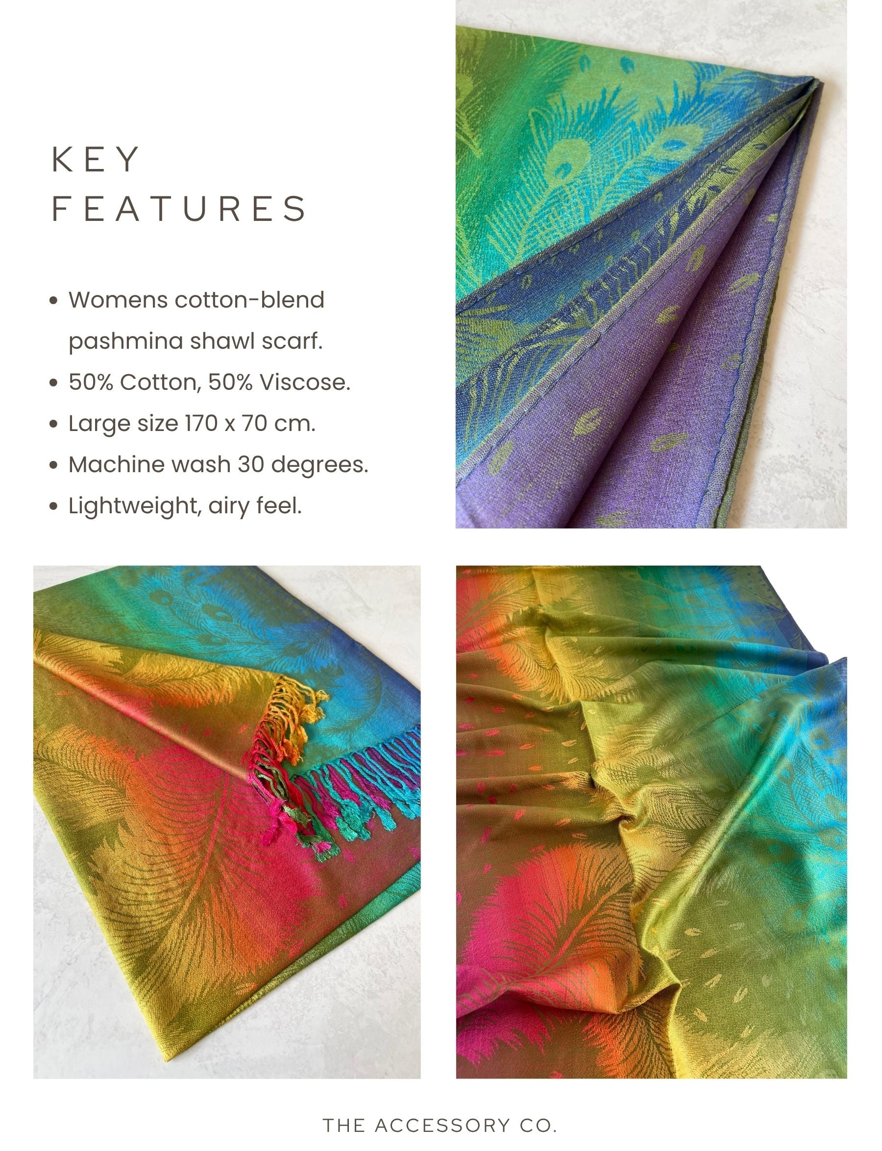 LARGE YELLOW RAINBOW FEATHER AND LEAF PRINT PASHMINA SHAWL SCARF