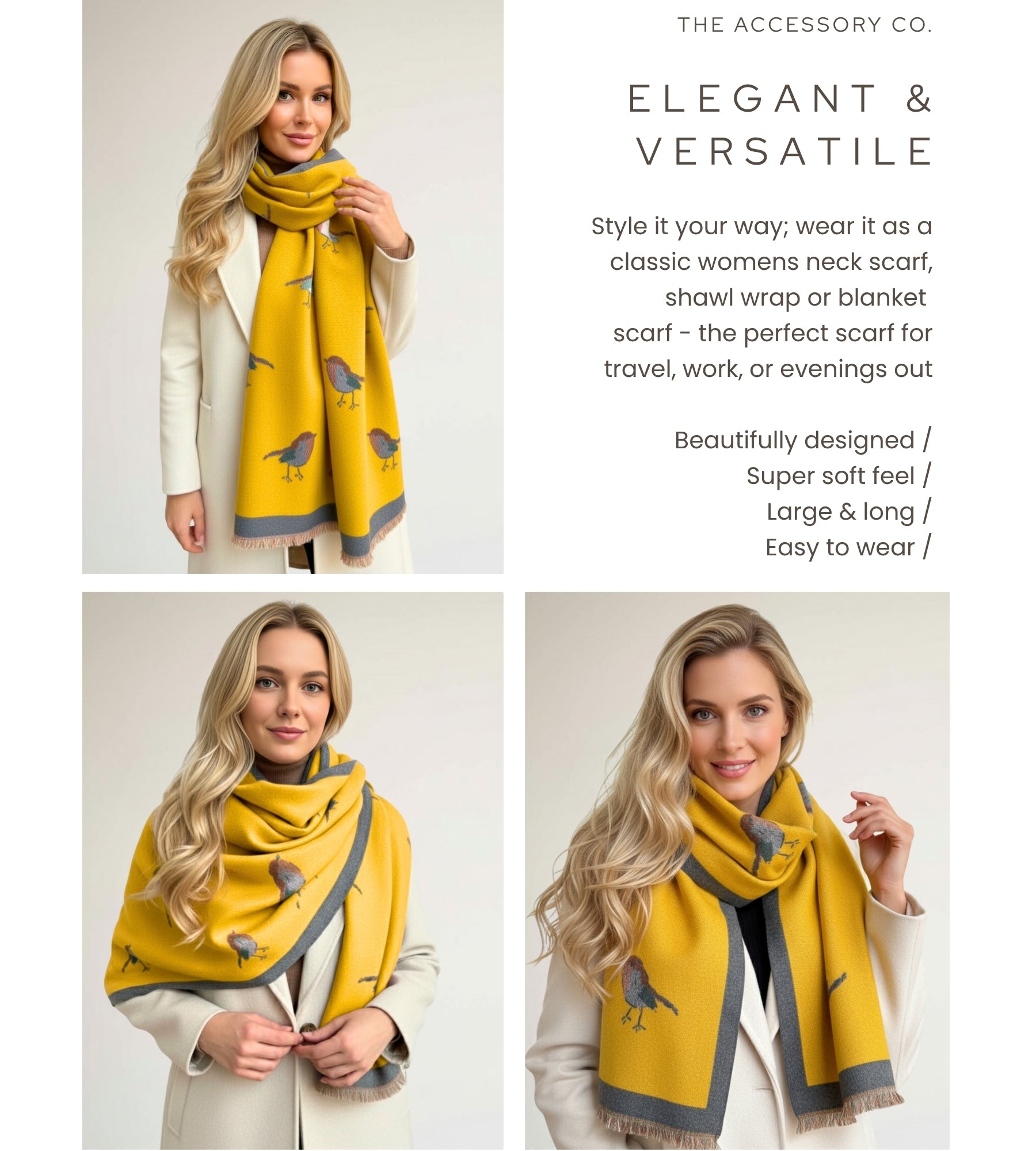 LARGE YELLOW ROBIN REVERSIBLE WINTER SHAWL BLANKET SCARF