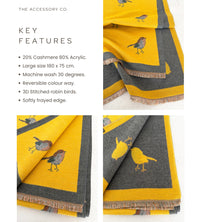 LARGE YELLOW ROBIN REVERSIBLE WINTER SHAWL BLANKET SCARF