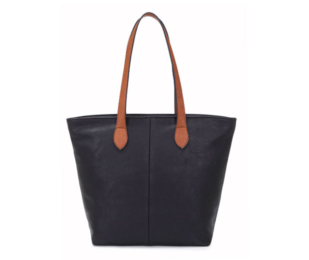 LIGHTWEIGHT BLACK FAUX LEATHER TOTE HANDBAG - A-SHU.CO.UK