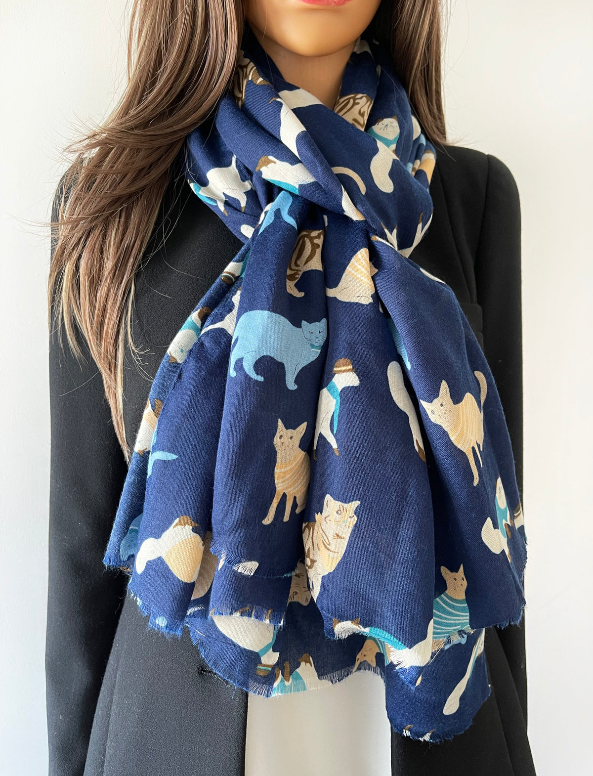 Lightweight Blue Scarf with Cats
