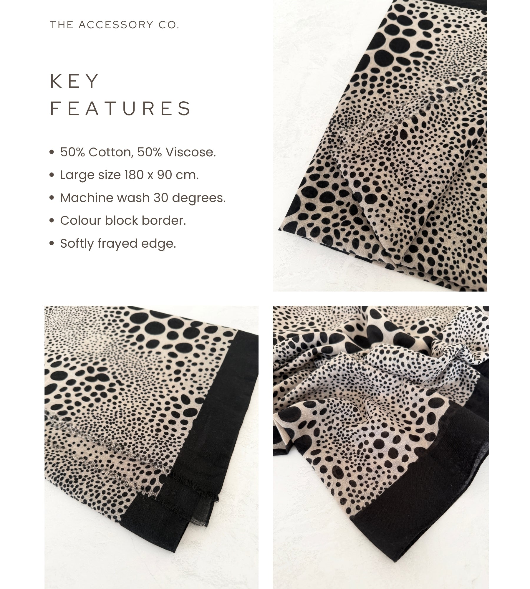 LIGHTWEIGHT BLACK LEOPARD DOT PRINT SCARF