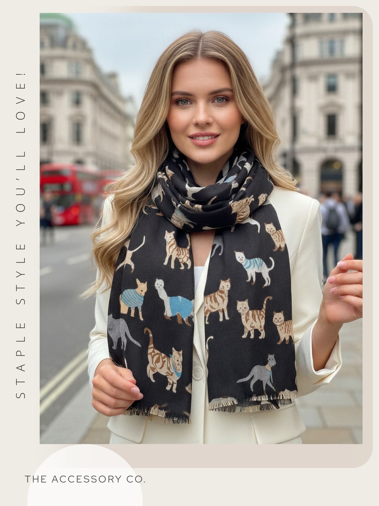LIGHTWEIGHT BLACK SCARF WITH CATS - A-SHU.CO.UK